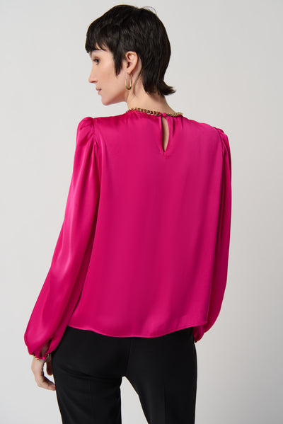 Joseph Ribkoff Satin Puff Sleeve Top With Gold Chain 