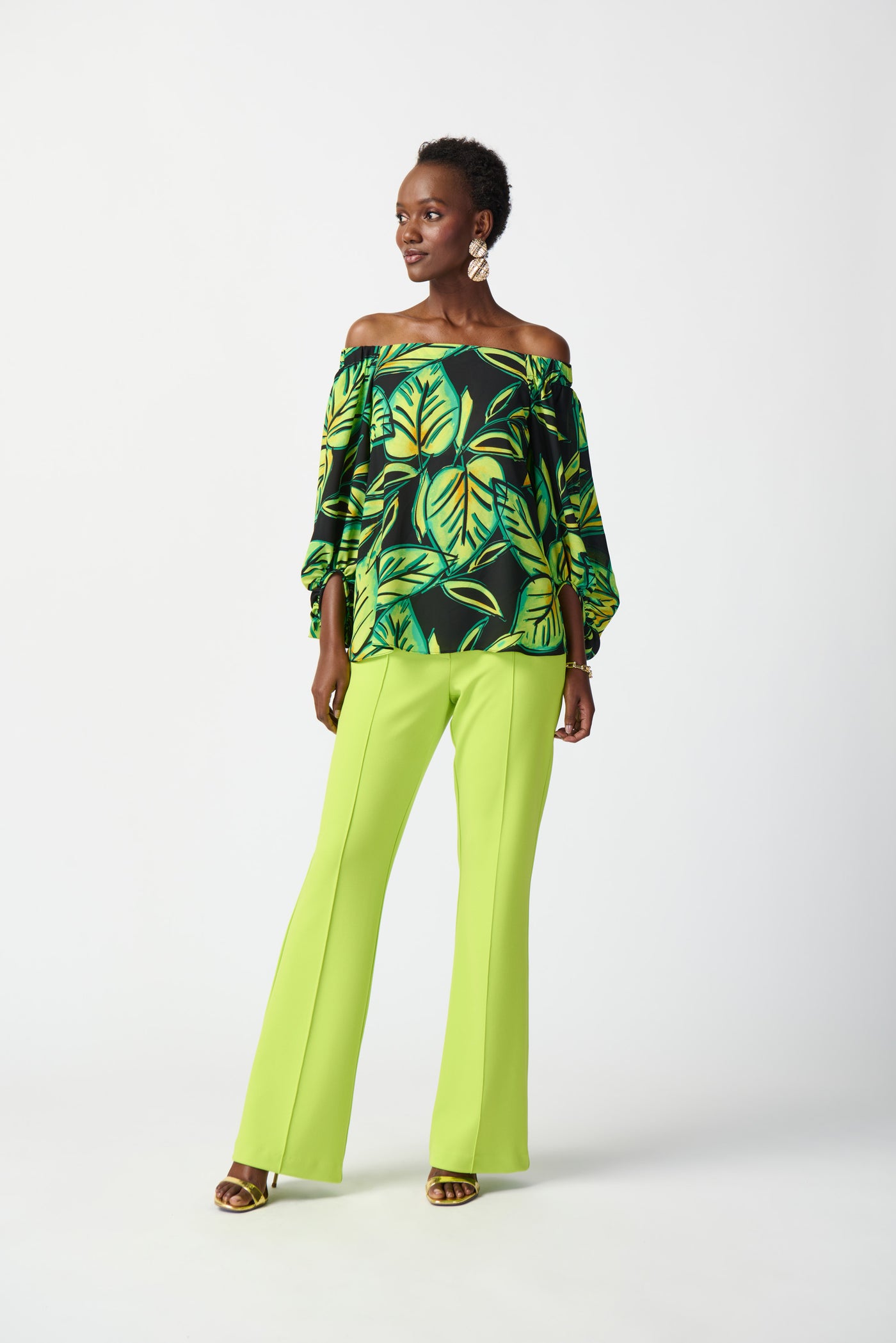 Joseph Ribkoff Leaf Printed Georgette Off-the-Shoulder Top 