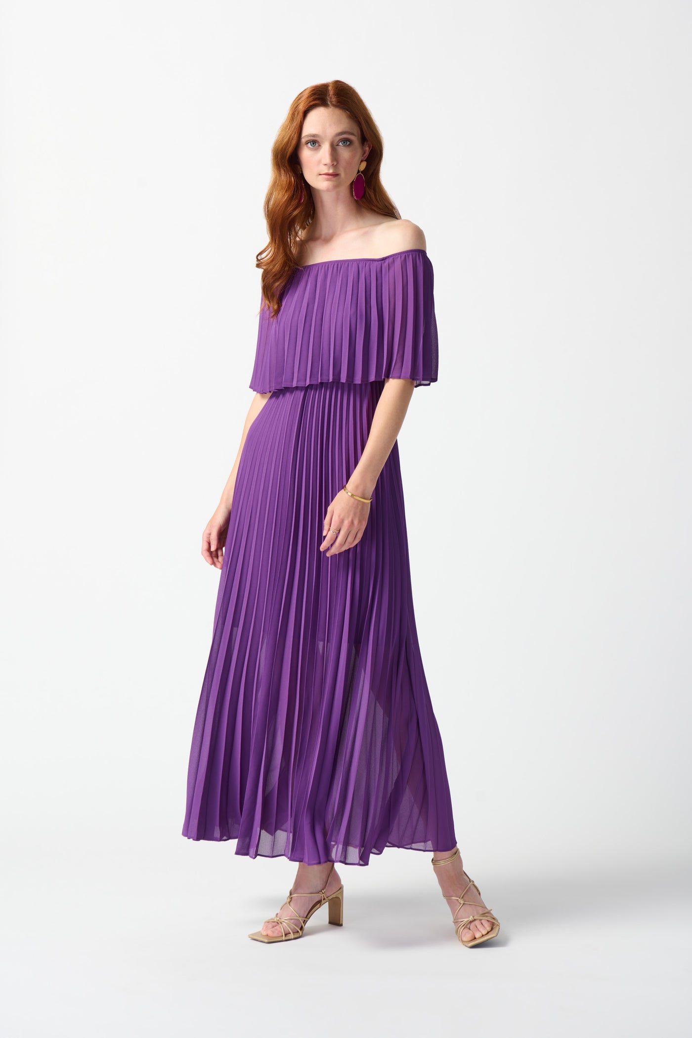 Joseph Ribkoff Chiffon Off-The-Shoulder Pleated Dress 