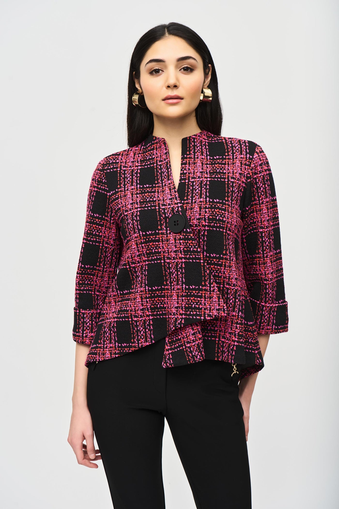 Jacquard Knit Plaid Print Swing Jacket Joseph Ribkoff