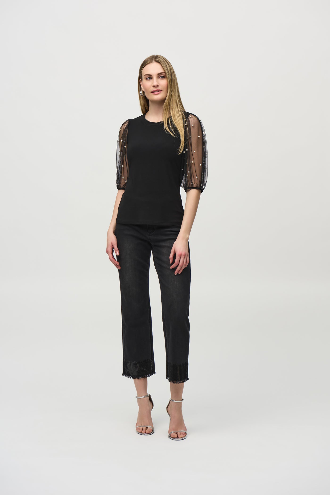 Silky Knit Top With Embellished Mesh Sleeves Joseph Ribkoff