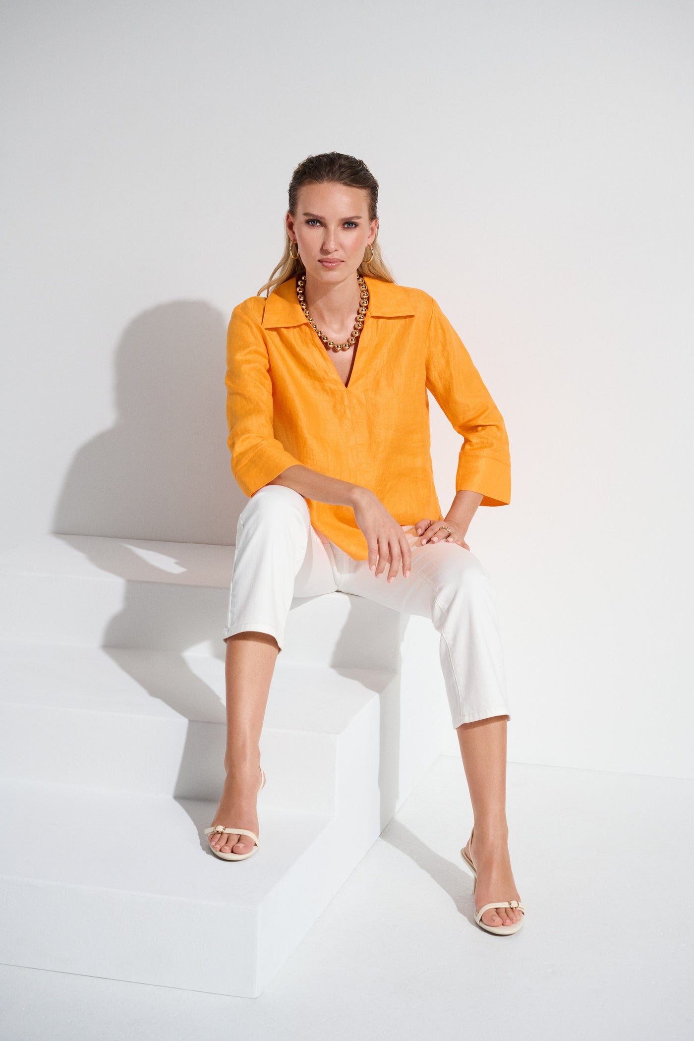 Linen Boxy Top with Shirt Collar