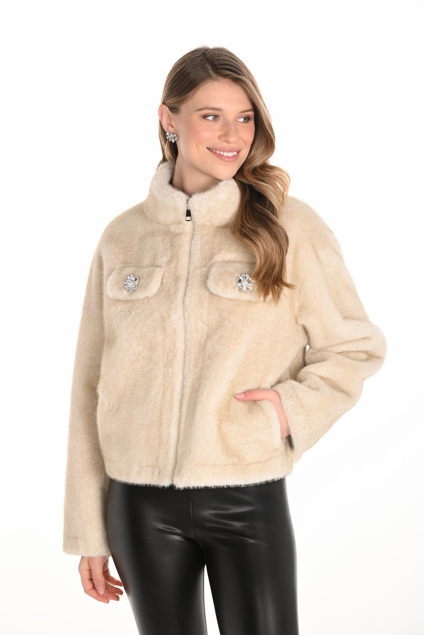 Faux Fur Jacket with Crystal Button Detail Frank Lyman
