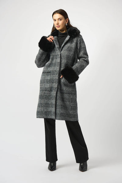 Feather Yarn Plaid Jacquard Coat with Faux Fur Trim - Dream Pants