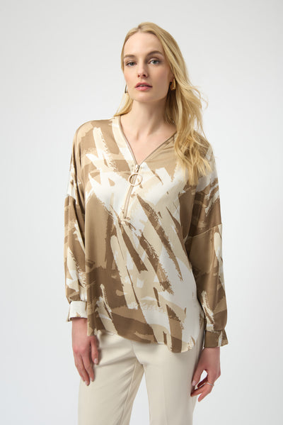 Recycled Satin Abstract Print Tunic With Zipper Detail Joseph Ribkoff