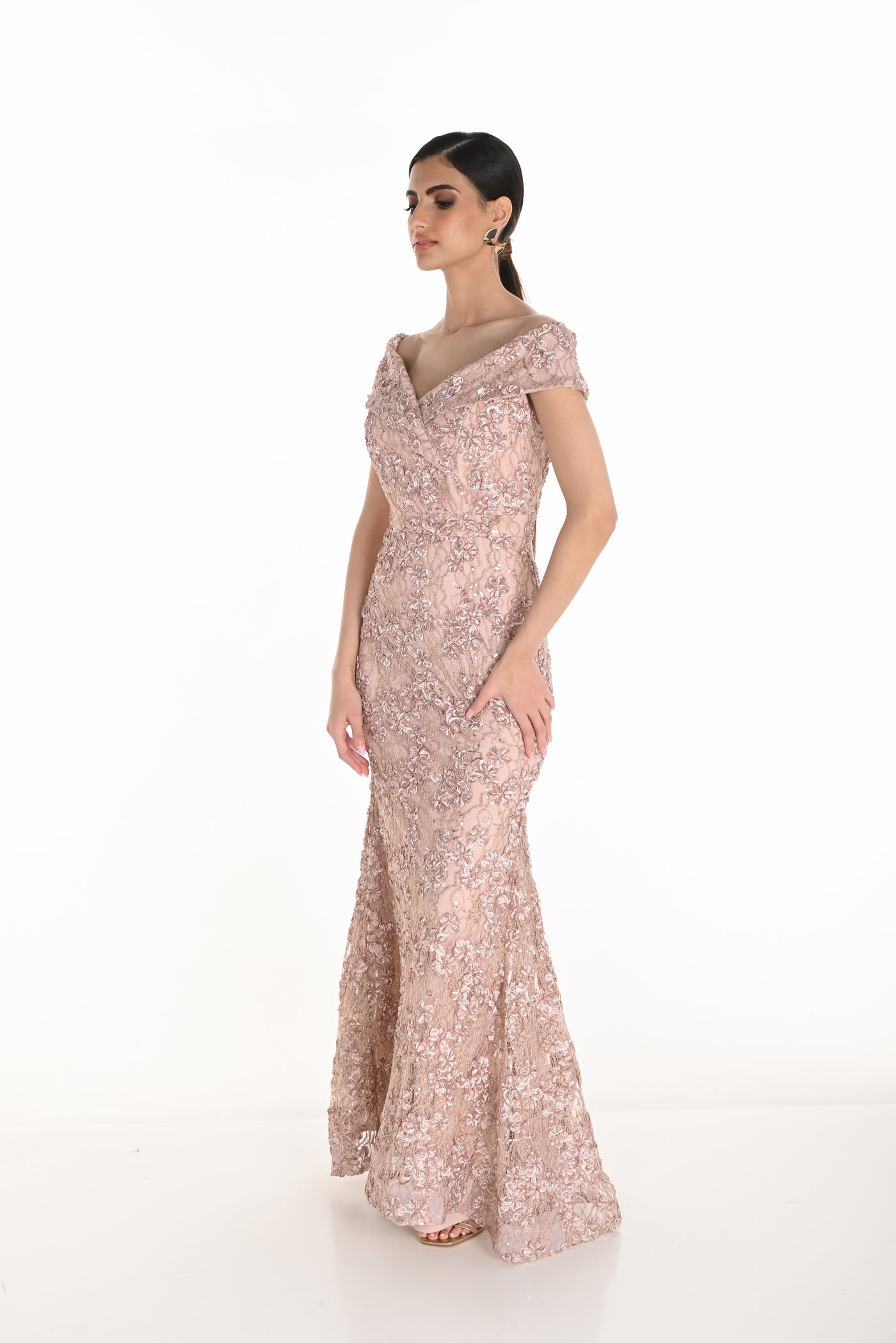 Off-Shoulder Lace Gown with Floral Embellishments Frank Lyman