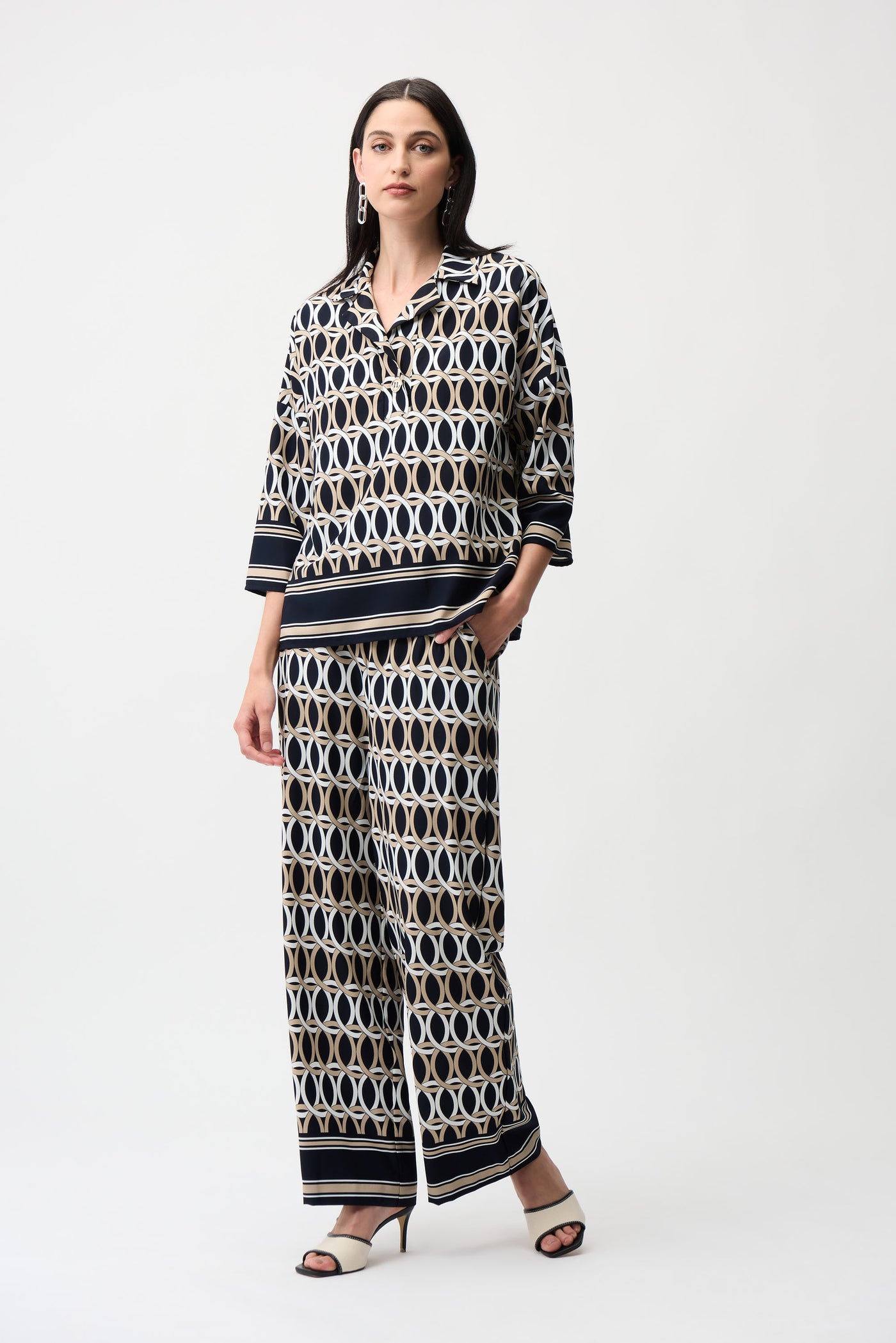 Woven Geometric Print Boxy Top With Shirt Collar Joseph Ribkoff