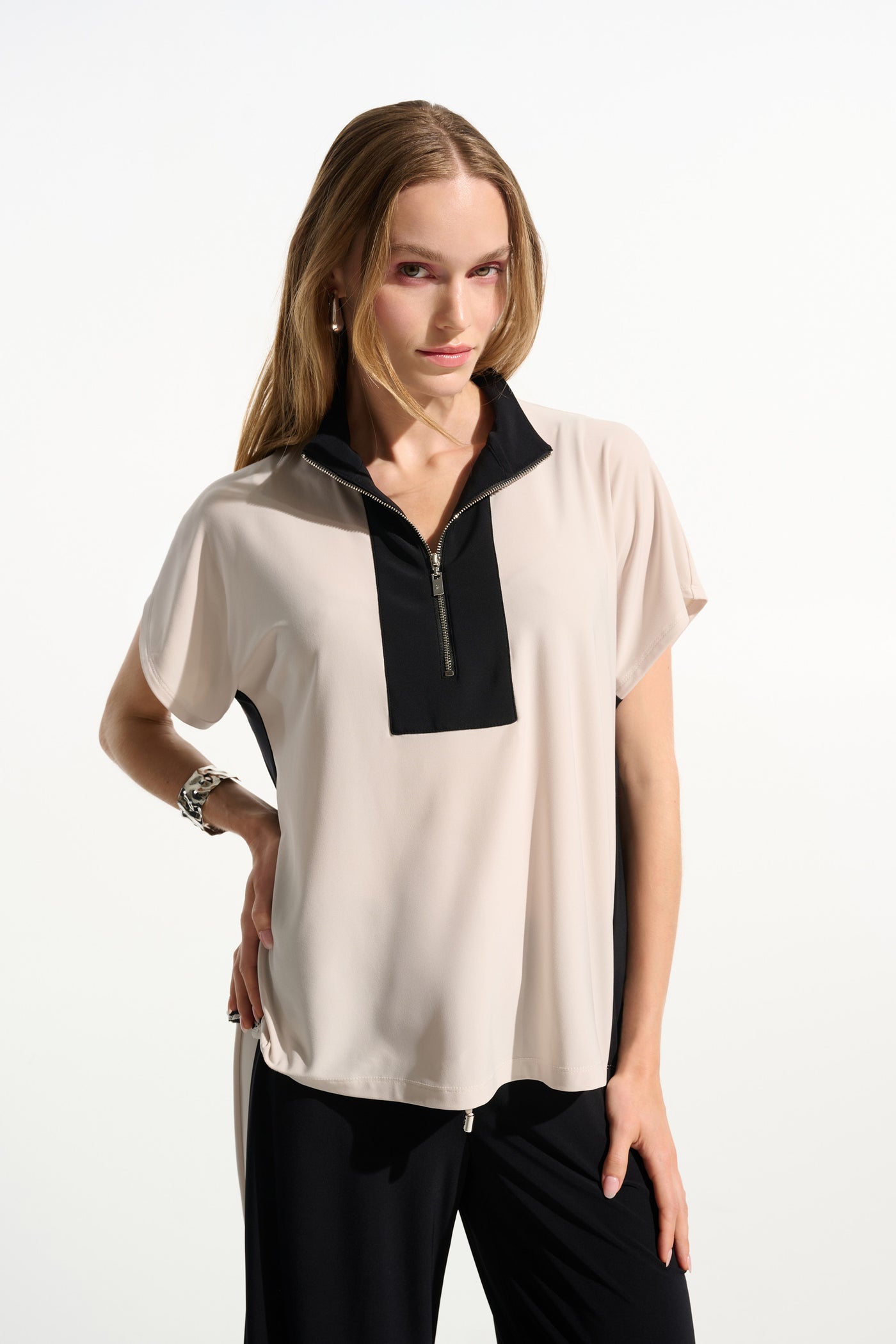 Silky Knit Color Block Straight Top With Zipped Collar Joseph Ribkoff