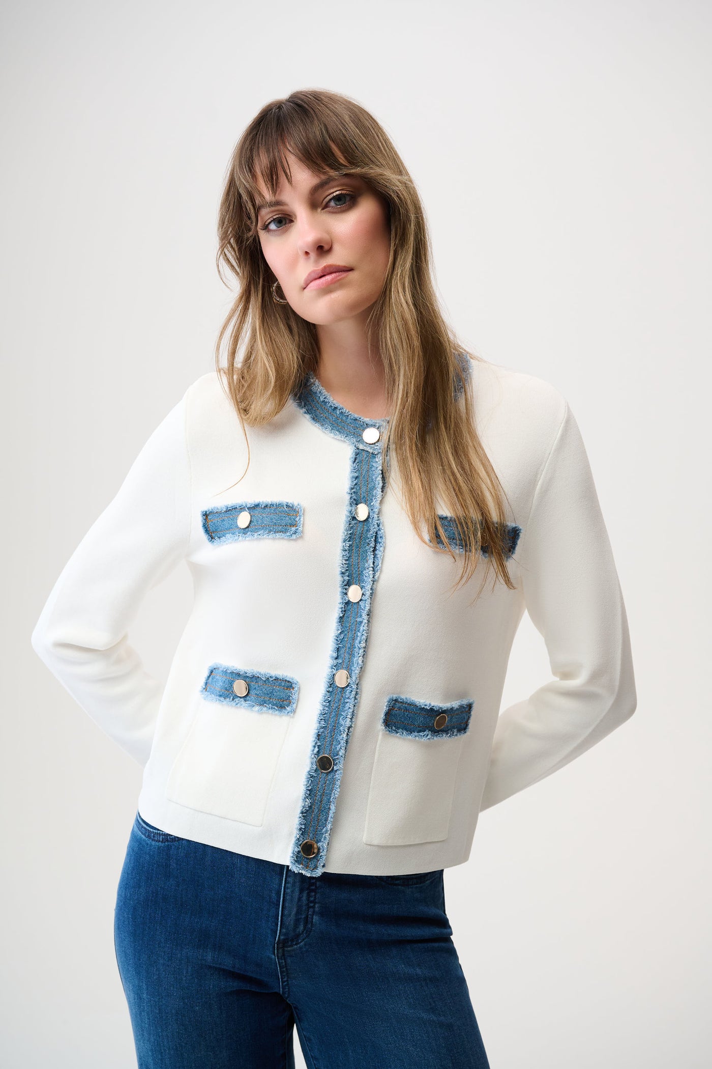 Viscose Blend Milano Stitch Jacket with Denim Trim Joseph Ribkoff