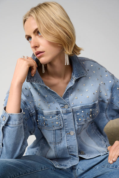 Denim Oversized Jacket With Pearls and Studs Joseph Ribkoff