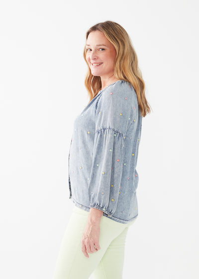 French Dressing Jeans Embroidered 3/4 Sleeve Shirt 