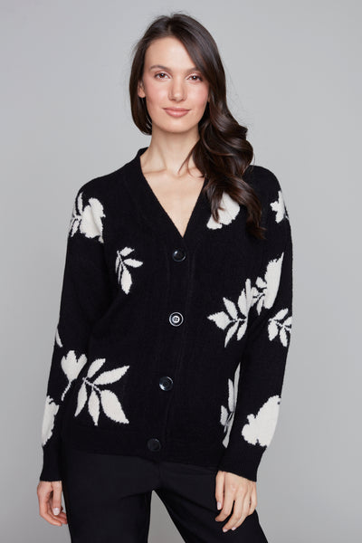 Flower Botton Front Sweater Carre Noir