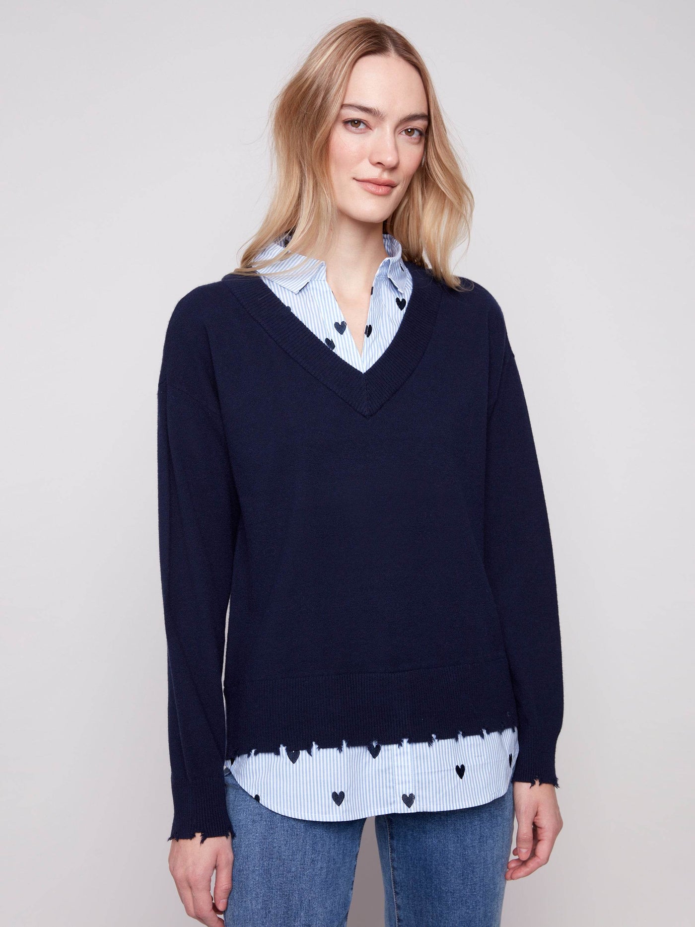 V-Neck Fooler Sweater With Embroidered Shirt Collar - Dream Pants