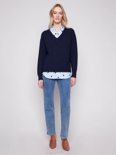 V-Neck Fooler Sweater With Embroidered Shirt Collar - Dream Pants