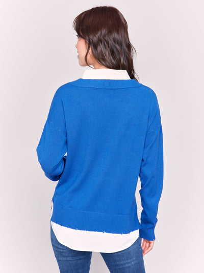 V-Neck Fooler Sweater with Shirt Collar Charlie B