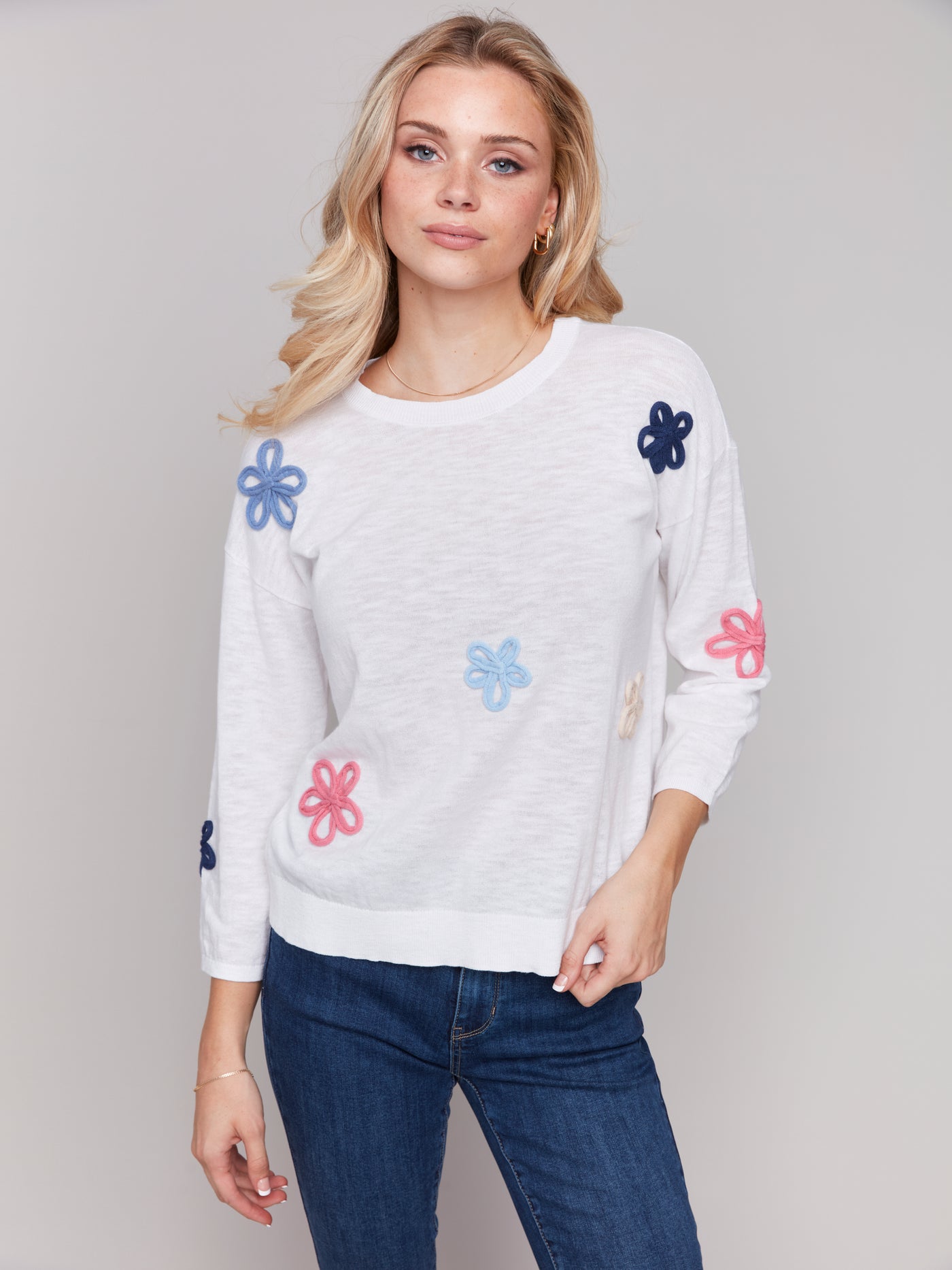 Cotton Sweater with Flower Patches Charlie B