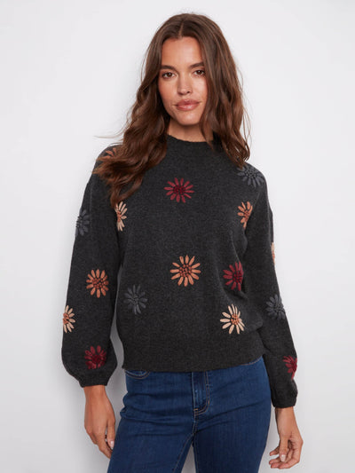 Mock Neck Sweater With Floral Embroidery - Dream Pants