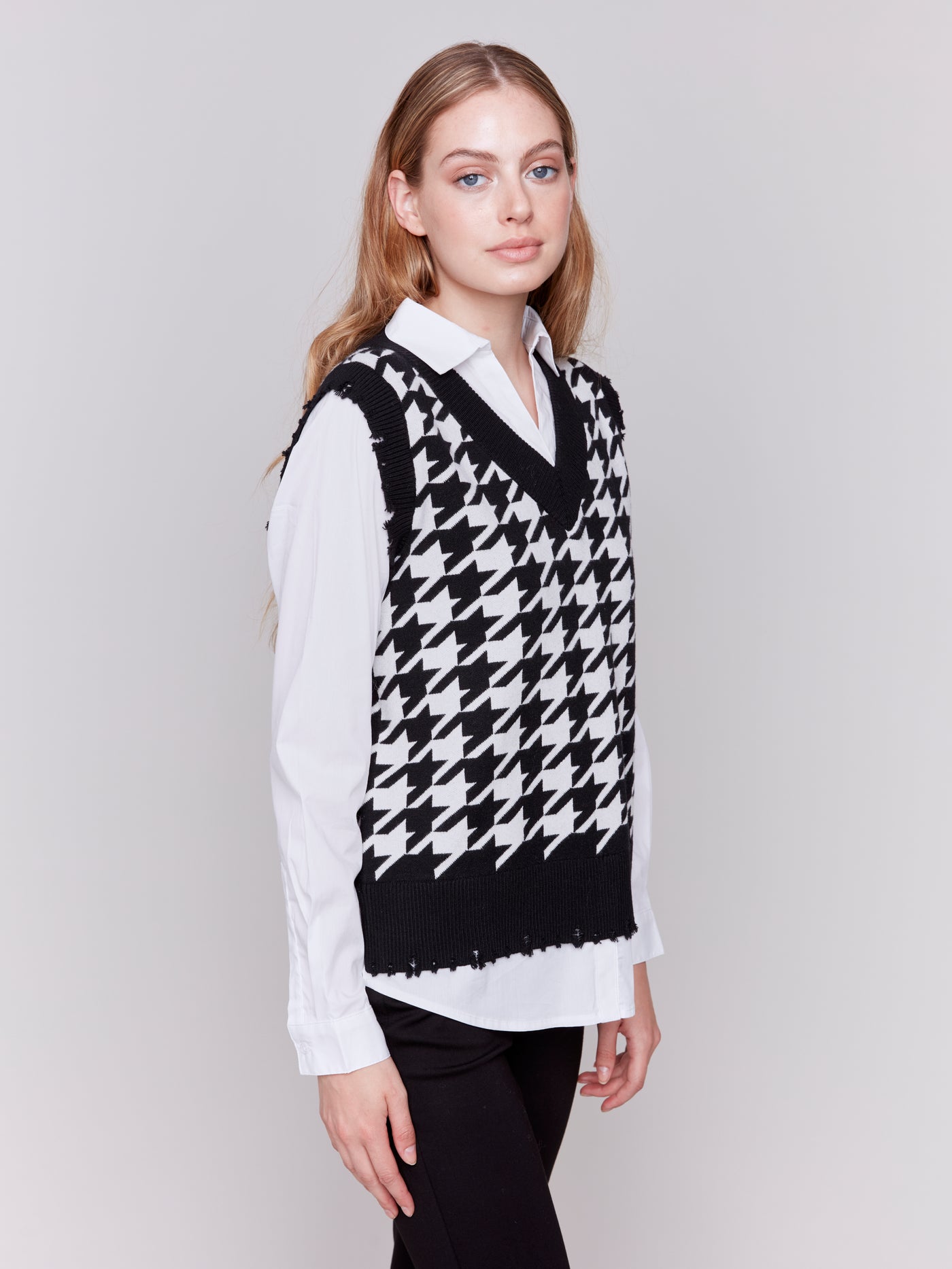 Houndstooth Fooler Vest with Shirt Collar Charlie B