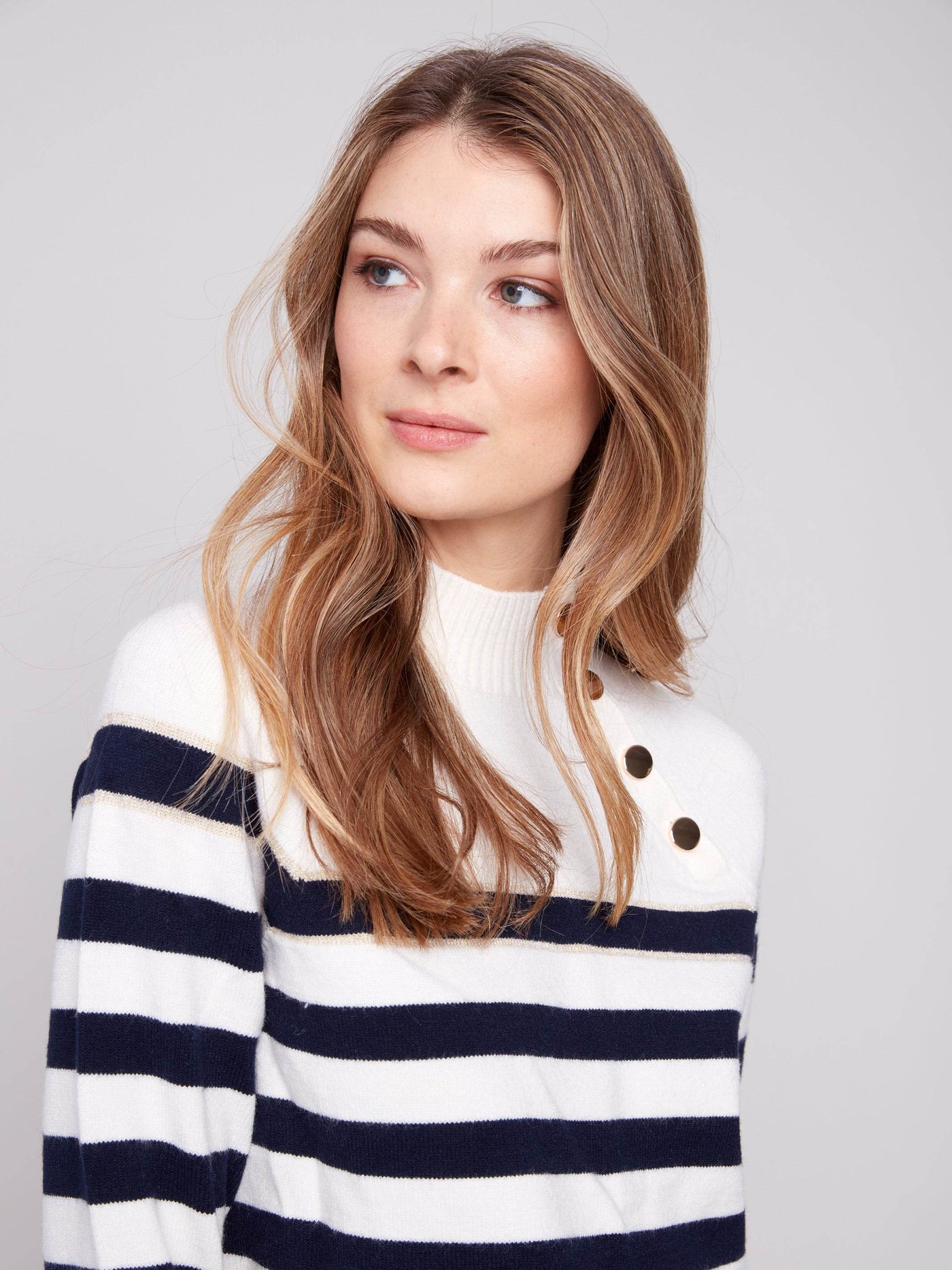 Striped Mock Neck Sweater With Button Details - Dream Pants