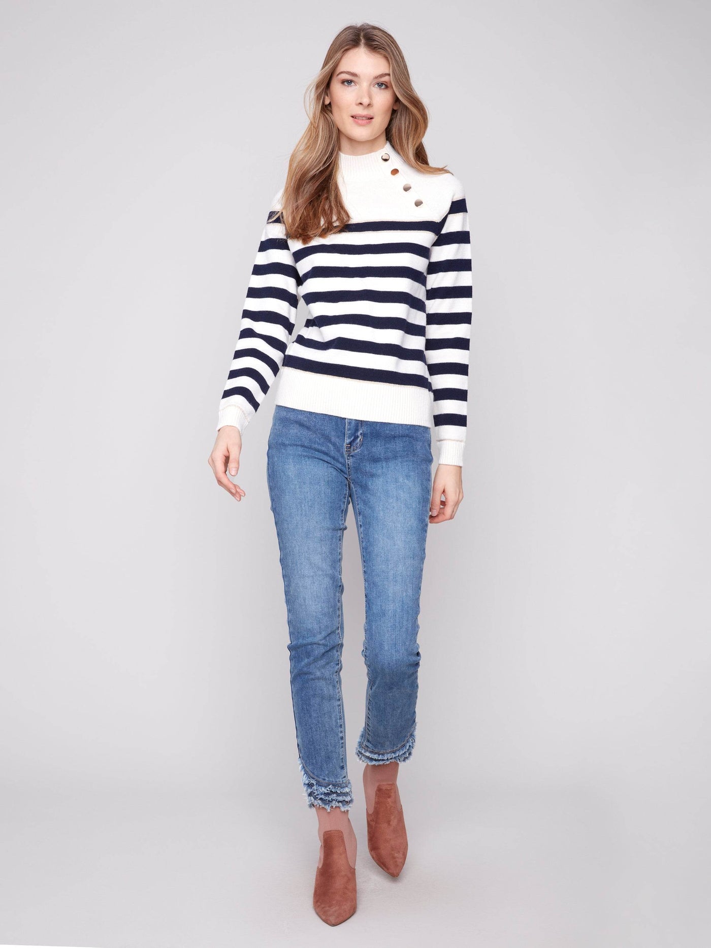 Striped Mock Neck Sweater With Button Details - Dream Pants