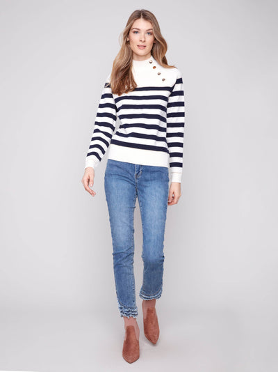 Striped Mock Neck Sweater With Button Details - Dream Pants