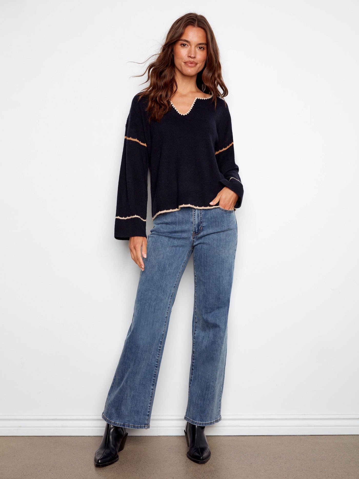 Embroidered Ribbed Sweater with Notch Neck - Dream Pants