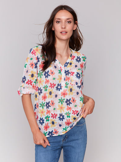 Printed Cotton Gauze Half-Button Blouse Charlie B