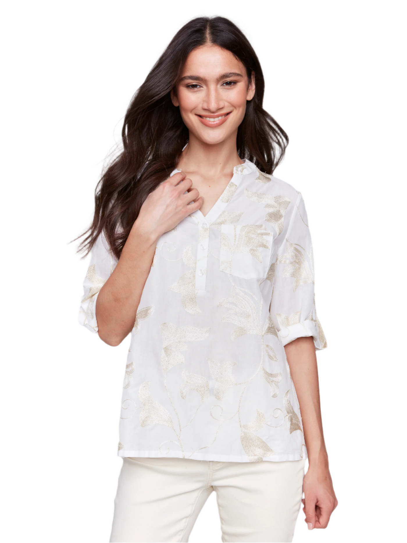 Embroidered Cotton Half-Button Blouse Charlie B