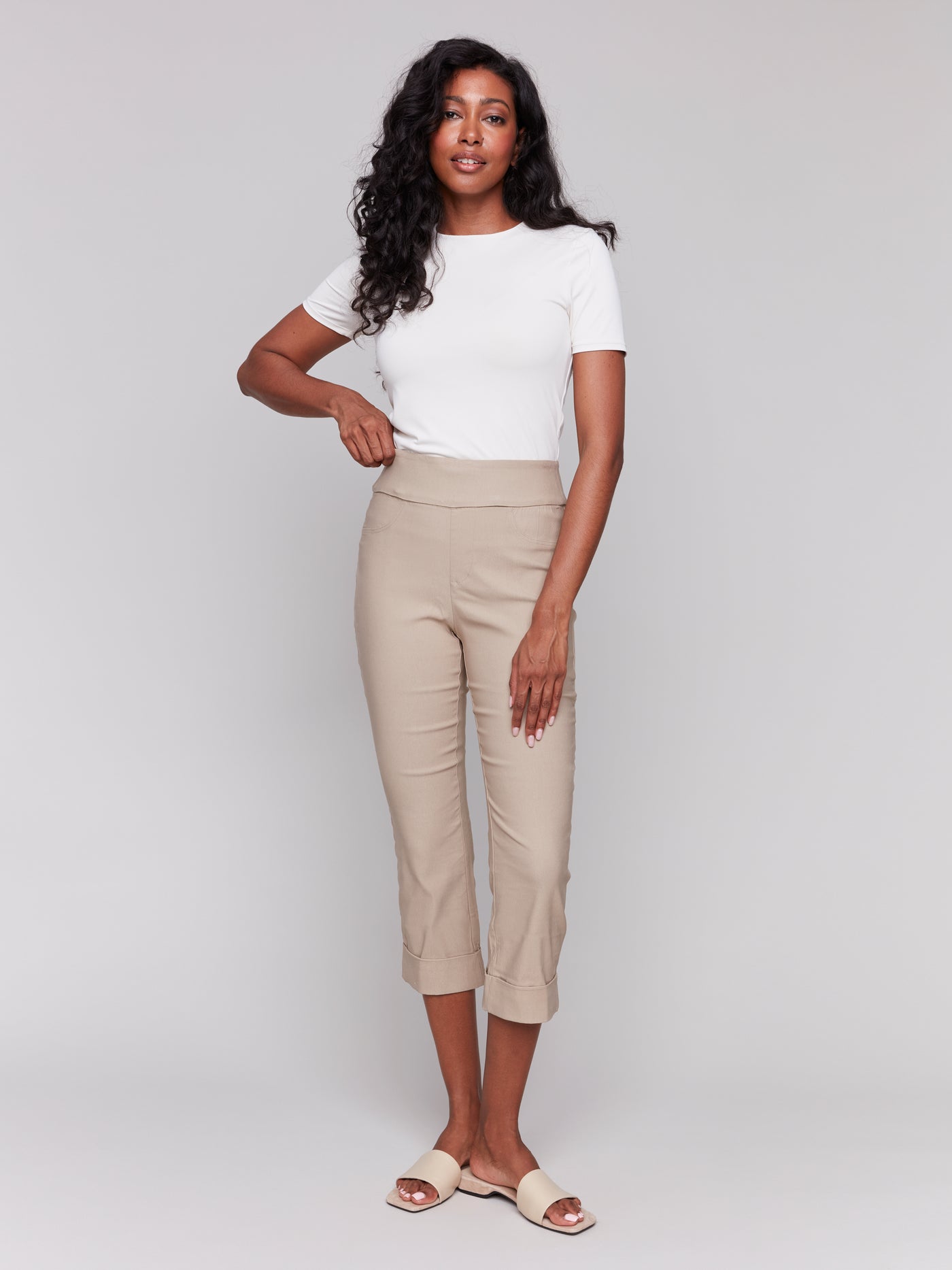 Solid Pull On Stretch Cropped Cuffed Pant Charlie B