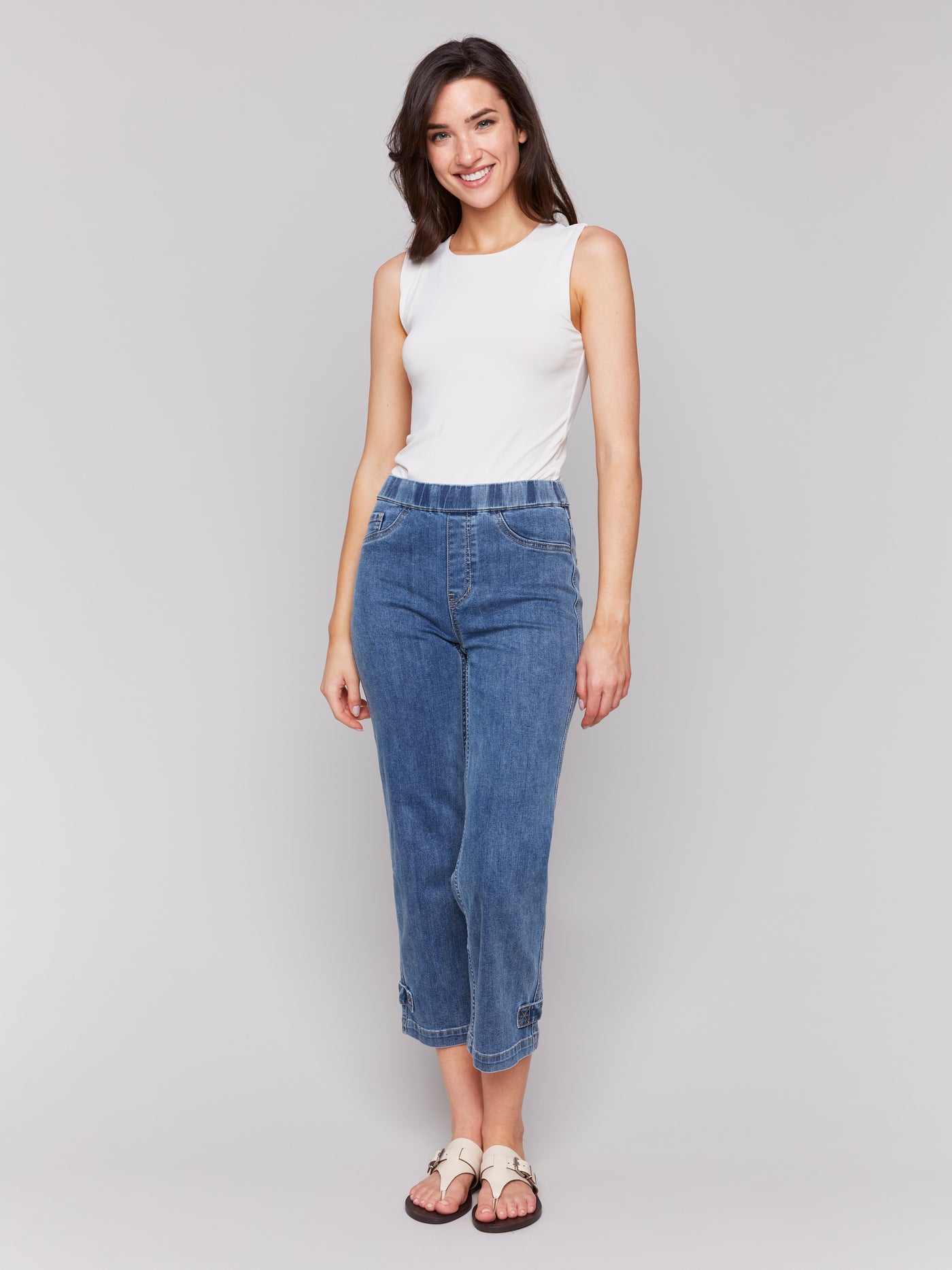 Cropped Pull-On Jeans with Hem Tab