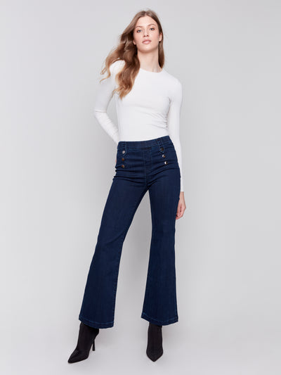 Pull-On Flare Jeans with Front Buttons Charlie B