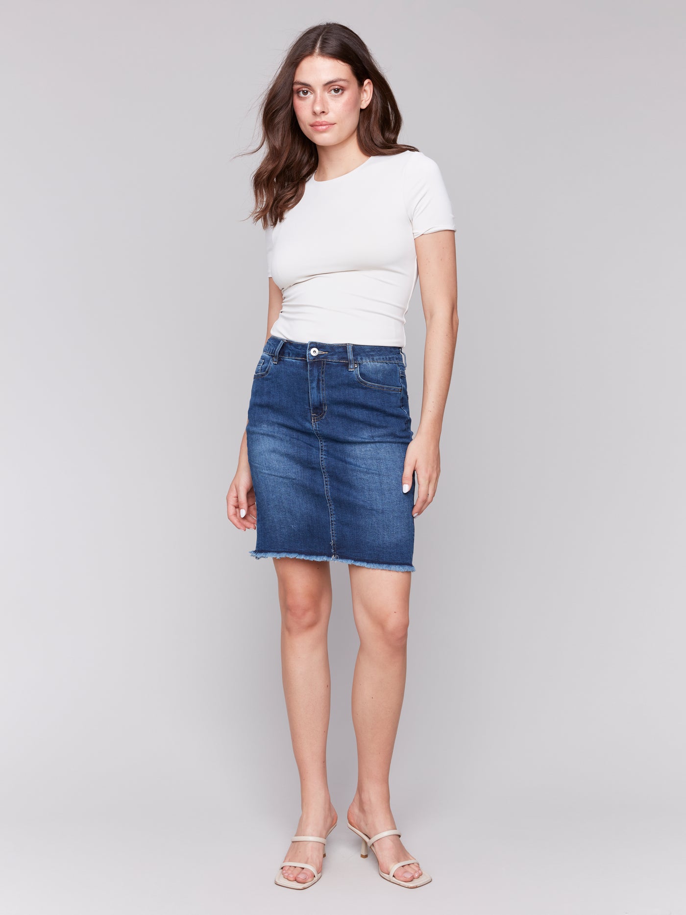 Stretch Denim Skort with Frayed Hem Charlie B