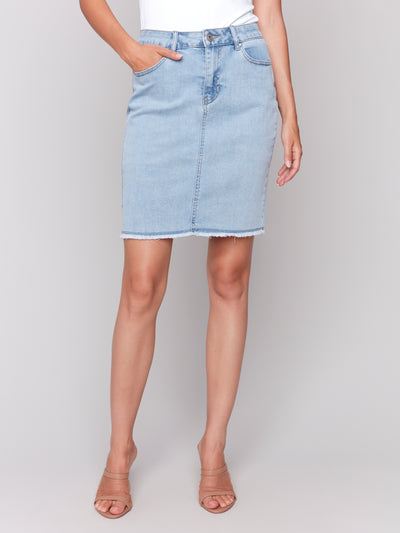 Stretch Denim Skort with Frayed Hem Charlie B