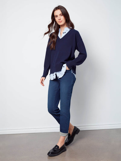 V-Neck Fooler Sweater With Embroidered Shirt Collar - Dream Pants