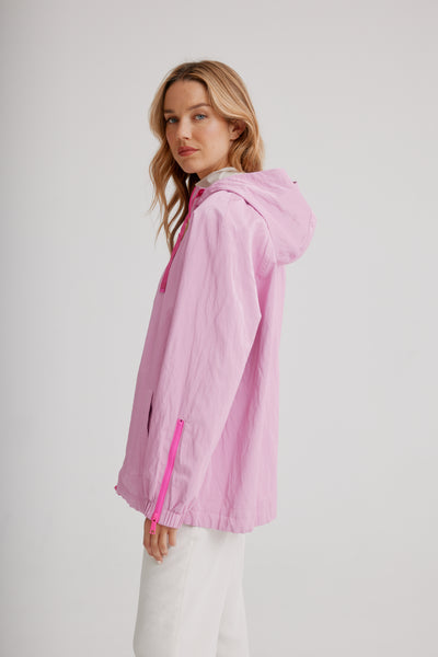 Nikki Jones Adjustable Hooded Blouson In Soft Luster Sheen W/ Contrast Trims & Zipper Detail On Sleeves 