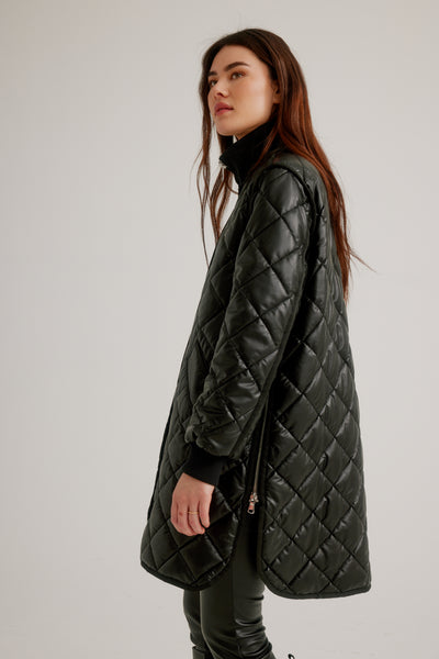 Vegan Leather Zip Front Diamond Quilted Coat Nikki Jones