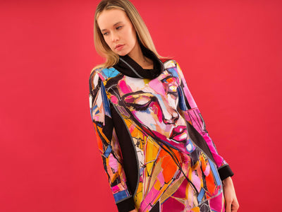 Abstract Face Print Cowl Neck Pullover Dolcezza