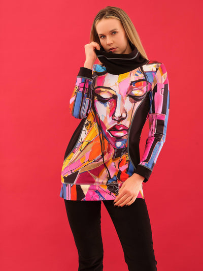 Abstract Face Print Cowl Neck Pullover Dolcezza