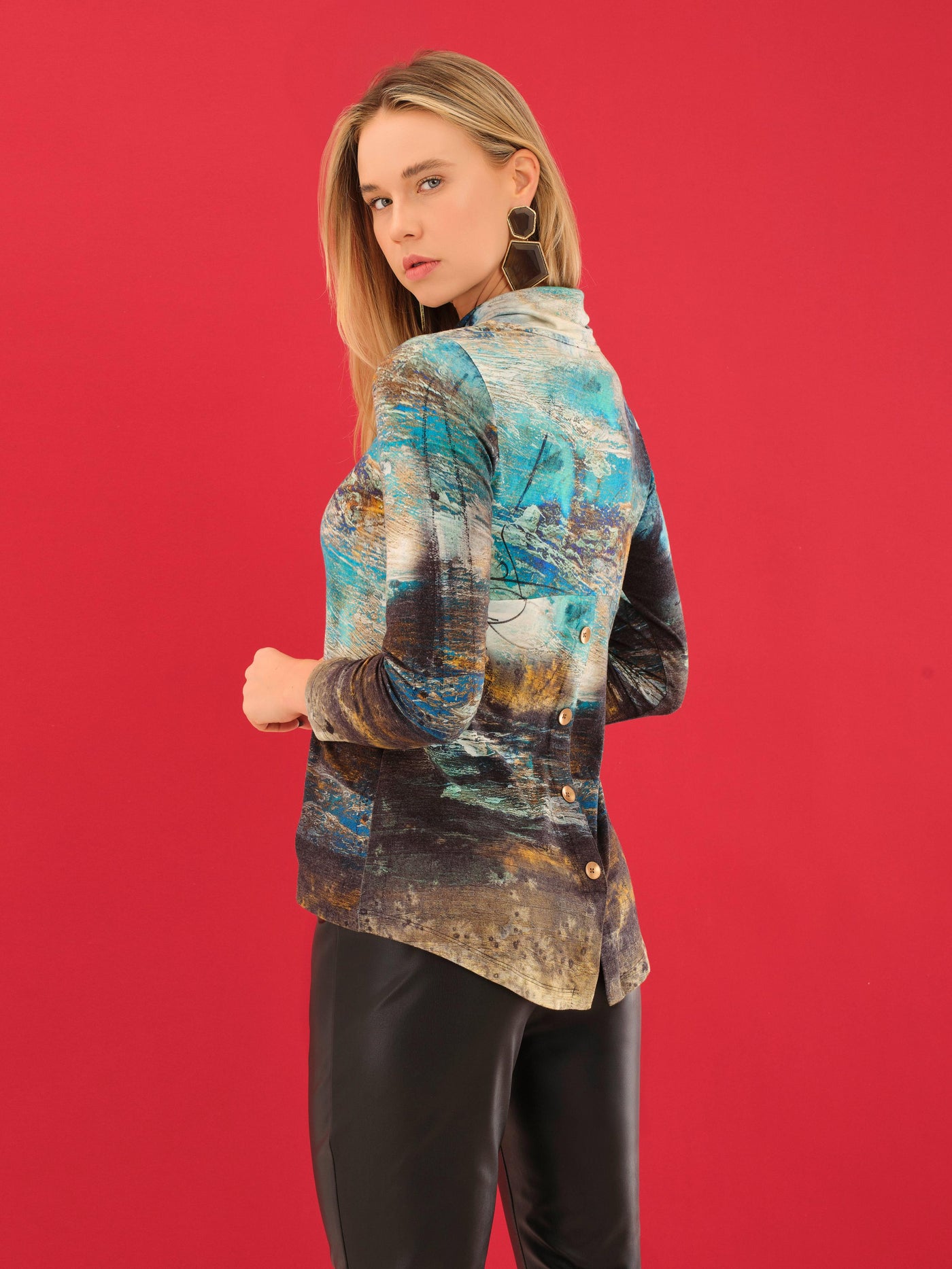 Abstract Print Cowl Neck Pullover Dolcezza