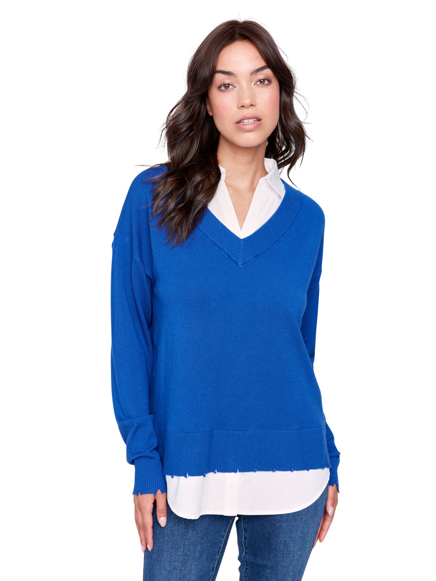 V-Neck Fooler Sweater with Shirt Collar Charlie B