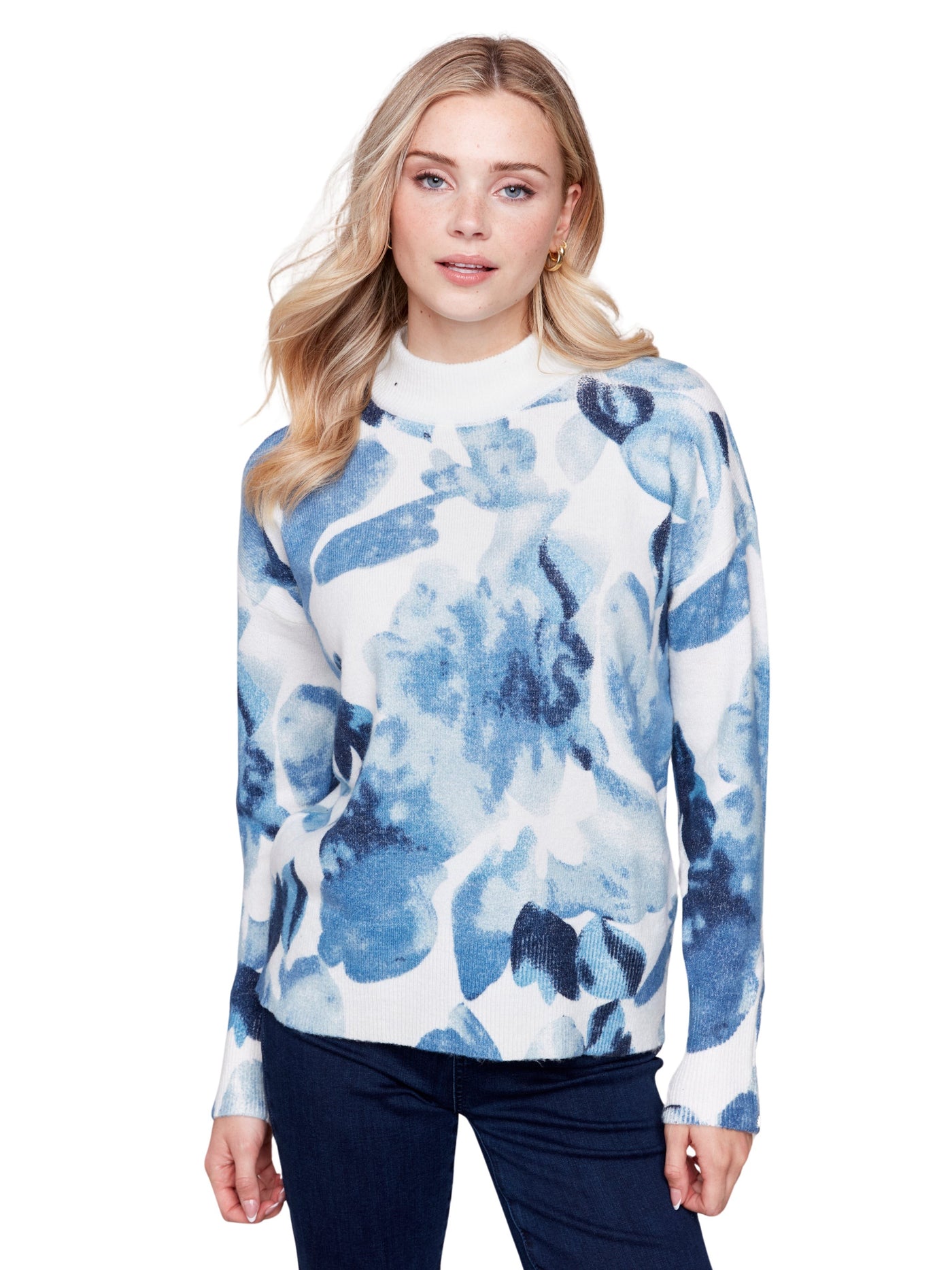 Printed Mock Neck Sweater with Sleeve Zippers Charlie B