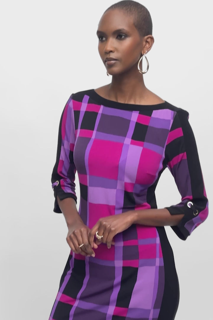 Silky Knit Plaid Print Sheath Dress